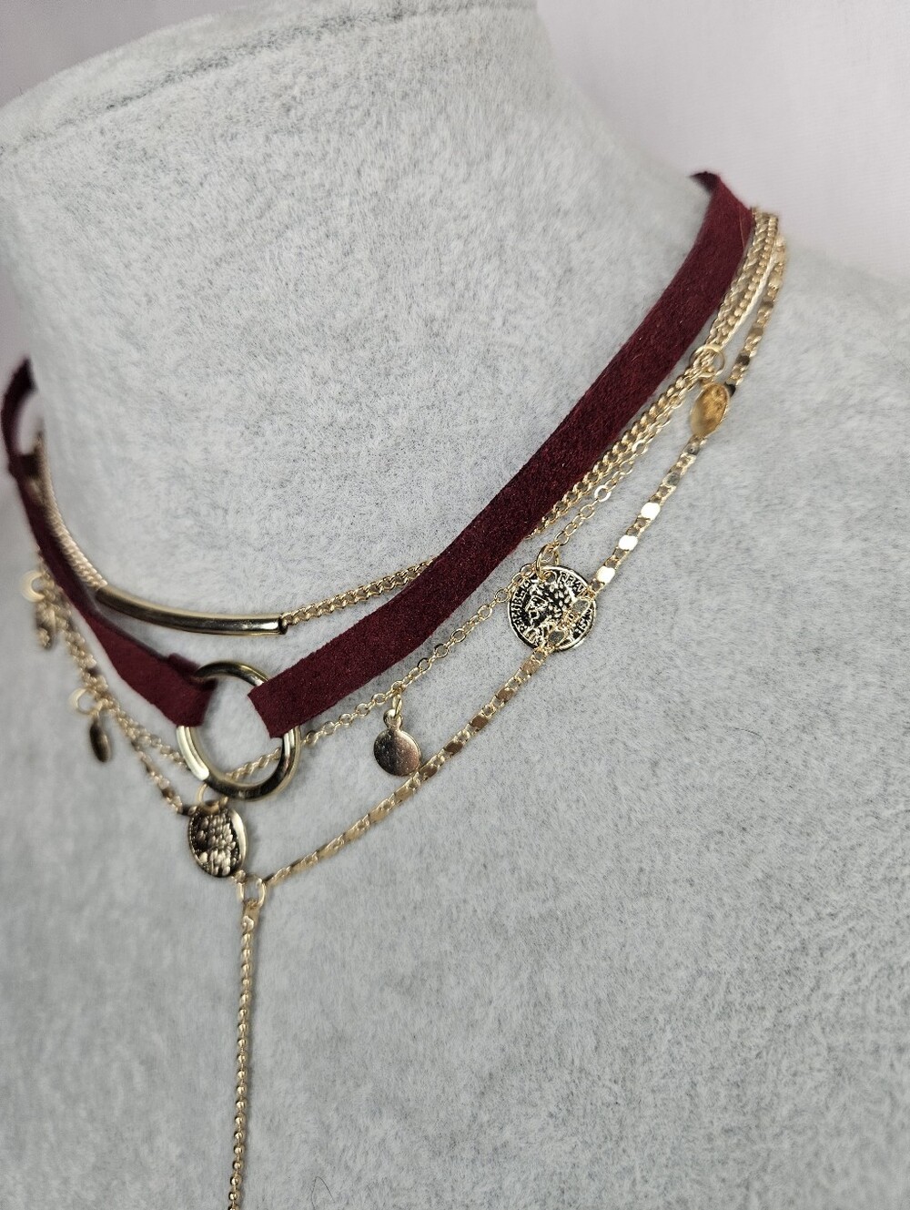 NWOT Burgundy Suede Gold Layered Choker Necklace Set Multi Strand 12-16" - Picture 4 of 10